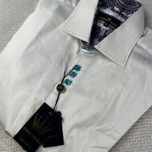 Bertigo Alex/05 Mens White Button Down Shirt Paisley Cuffs Turquoise Size 5